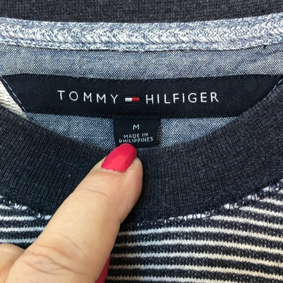 TOMMY HILFIGER Navy & White Stripe Logo French Terry Sweatshirt M - Picture 2 of 9